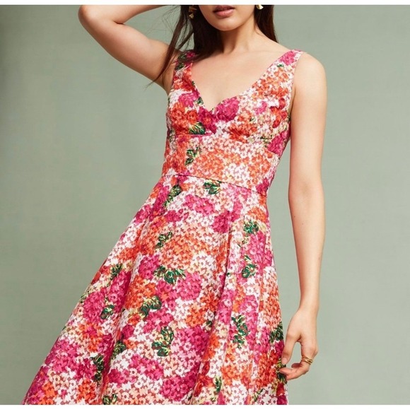 Monique Lhuillier Dresses & Skirts - Monique Lhuillier Pink Floral Fit Flare Dress V Neck Size 10 Anthropologie FLAW